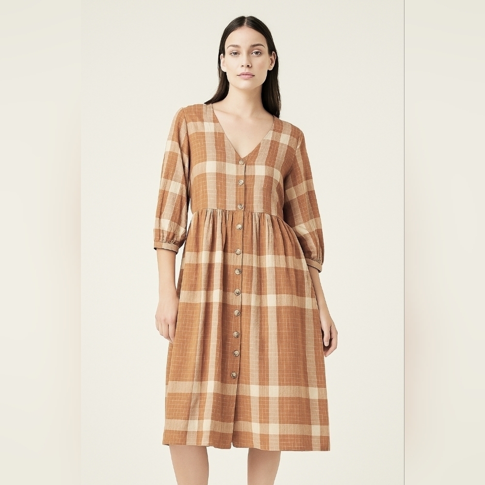 Grade & Gather Nwot Plaid Button Up 3/4 Sleeves Vneck Cotton Knee Length Dress M